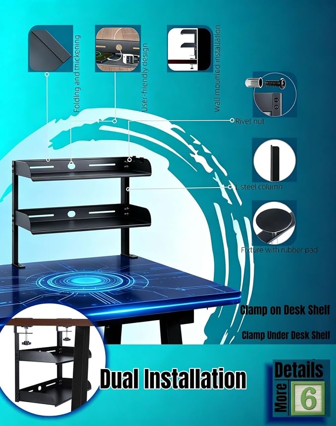 Yuxh Desk Clamp Shelf 16 Inch, Black | Space-saving, clip on or under shelf for panel tabletop, office, easy drill-free assembly, single-tier tray fits A4 paper - Image 4