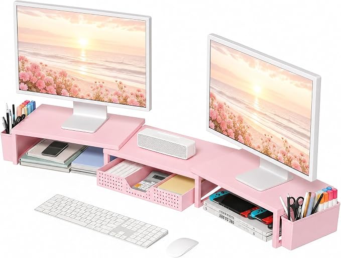 Desk Organizers and Accessories, Dual Monitor Stand Riser with Drawer and 2 Pen Holders, Desk Shelf Computer Racks for Office Workspace Organizers, Desktop Organization (Peach-pink) by OPNICE