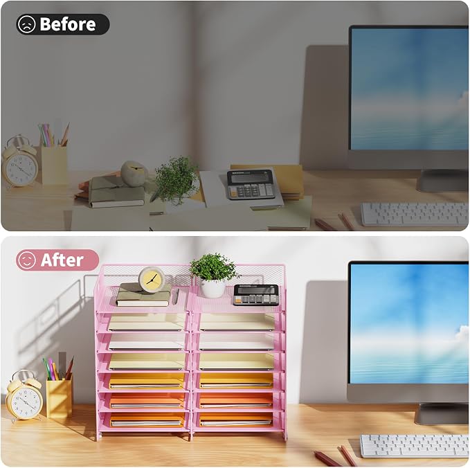 Marbrasse Desktop Literature Organizer, 12 Compartments Mesh Paper Organizer Desk Organizers, Adjustable File Sorter Mail Center Paper Storage Cabinet Classroom Mailbox for Office Home School, Pink - Image 4