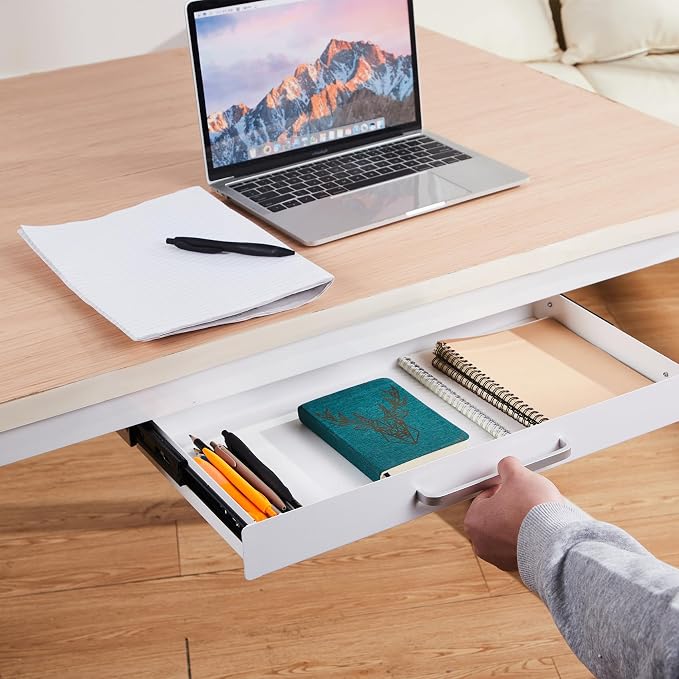 Under Desk Drawer Organizer 21", Large Desk Pencil Storage Drawer | White, Under Cabinet Table, Heavy Duty Pull Out Shelf, Attachable for Workbench, Adjustable Brackets, Work Shop, Desk Lip - Image 2