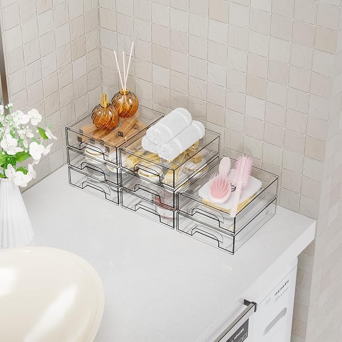2.2'' High Small Clear Stackable Storage Drawers,4 Pack Desk Organization and Storage Bins,Plastic Office Supply Organizer,Acrylic Drawer Storage Organizer for Makeup,Accessory,Pen,Art Crafts - Image 2