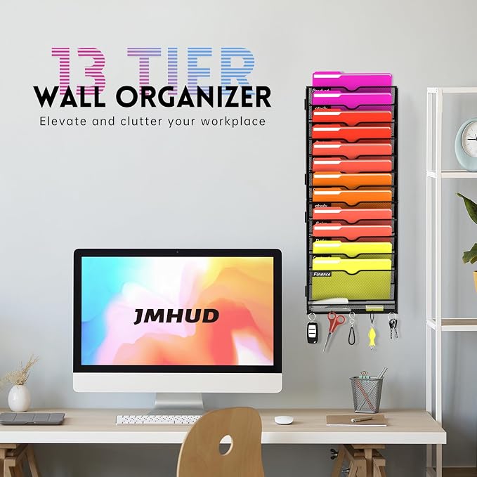13-Tier Wall File Organizer with Base and Hooks, Hanging Organizer, Black | Wall Organizer and Wall File Holder with 13 Vertical Pockets and Bottom Tray for Files, Mail, Folders, Magazines and Paper - Image 2