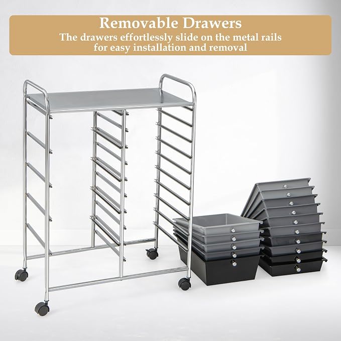 Moccha 15-Drawer Rolling Storage Cart - Under Desk Storage Drawers with wheels for Craft Art Supply Paper Salon, Scrapbook Paper Tools, Mobile Utility Cart for Classroom (15 Drawers, Gradient Grey) - Image 8
