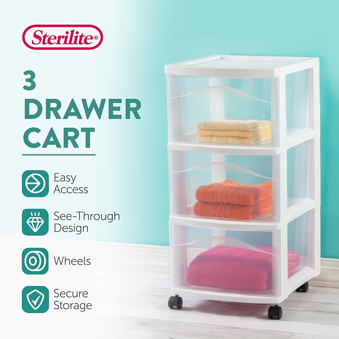 Sterilite 4-Pack 3-Drawer Cart, Plastic Storage Organizer Drawers with Wheels, White - Rolling Multipurpose Bins for Dresser, Closet, Cabinet, Bedroom, Bathroom, and Office Organization - Image 4
