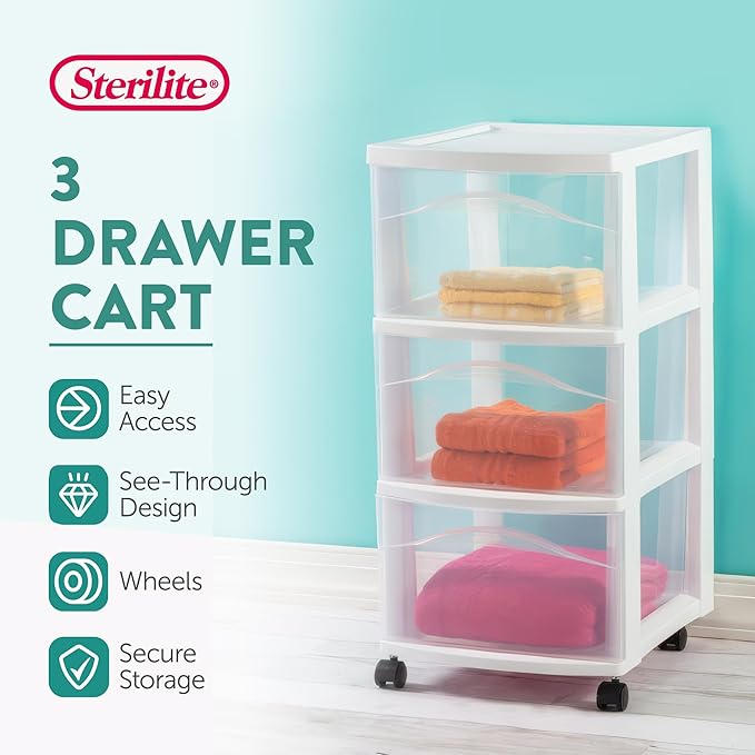 Sterilite 8 Pack 3 Drawer Storage Cart, Plastic Medium Organizer with Wheels, White - Multipurpose Bin for Crafts, Accessories, or Office Supplies - Image 4