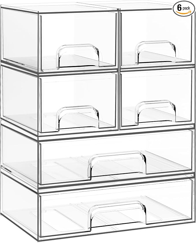 Stackable Storage Drawers, 6 Pack Clear Plastic Makeup & Bathroom Organizer, Versatile Storage Bins for Vanity, Under Sink, Kitchen Cabinets & Pantry by Criusia