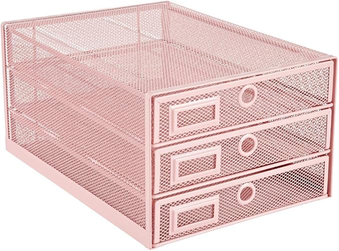 Annova Desk Organizer Wire Mesh 3 Tier Sliding Drawers Paper Sorter/Multifunctional/Premium Solid Construction for Letters, Documents, Mail, Files, Paper, Kids' Art Supplies (Light Pink) by LivingNecessities