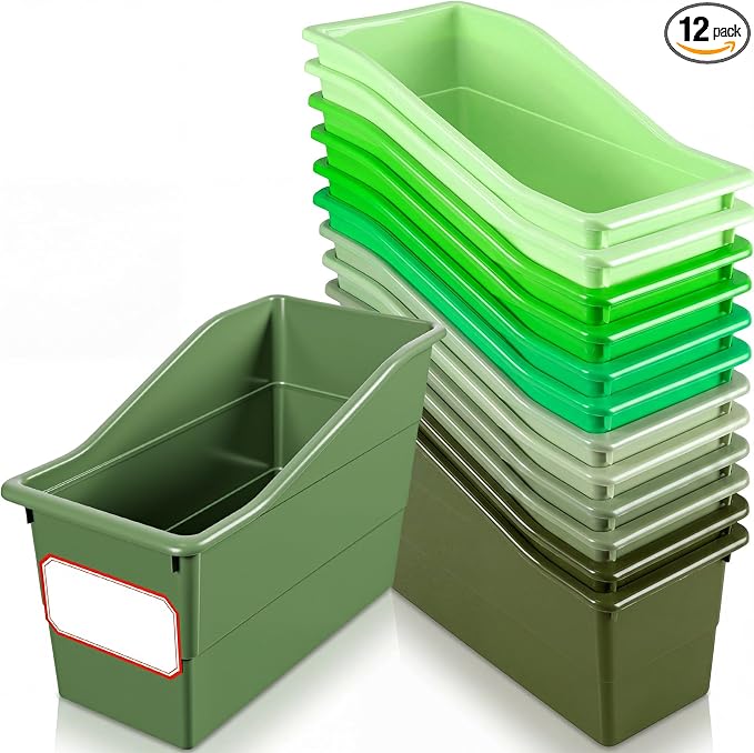 Teling 12 Pcs Book Bins Bulk for Classroom Storage Plastic Magazine Holder with Label Interlocking File Folder Organizer Binder Container Box for School Office Desktop Bookshelf Home (Gradient Green) by Teling