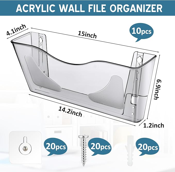 RattanView 10 Pack Acrylic Single Pocket Hanging File Organizer, Plastic Hanging Wall Mount File Holder Wall Pocket Mails Magazines Organizer Mounted Folder Bins for Office, School and Home - Image 2