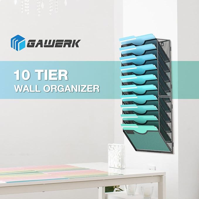 Gawerk 10-Tier Wall File Organizer Hanging Wall File Holder for Office | Wall Mount Paper Folder Organize, Mesh Magazine Document Mail Organizer Wall Organizer for Office School Home, Black - Image 7