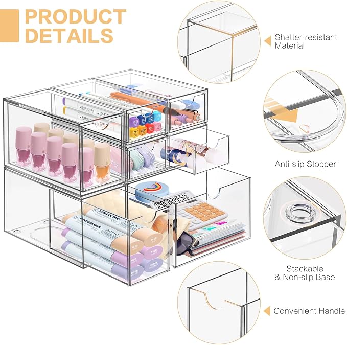 Desk Organizer with 7 Drawers, FODIENS 7 Packs Acrylic Stackable Desktop Storage Drawers Makeup Organizer, Clear Craft Storage Box Cabinets for Office Vanity Countertop Bathroom Bedroom - Image 5