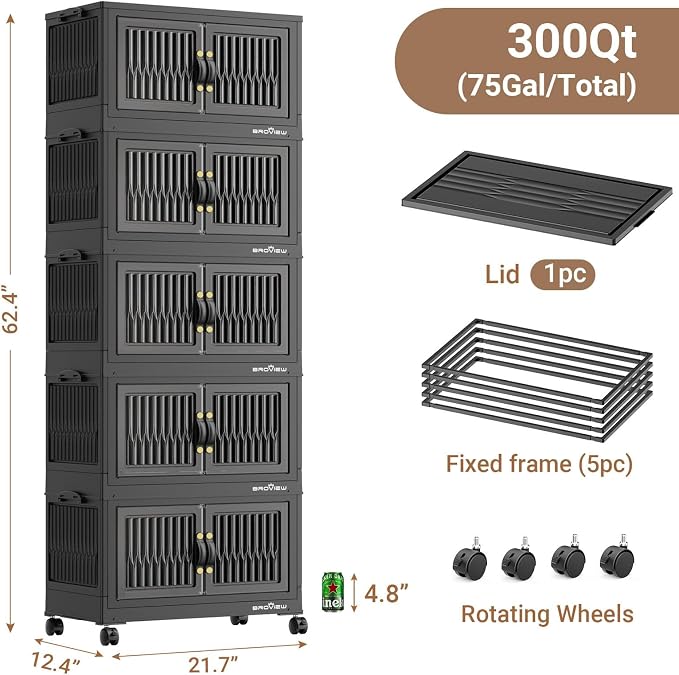BROVIEW 300Qt Stackable Storage Bins with Lid, Extra Large Closet Organizer Collapsible Drawer Boxes with Wheels, Folding Plastic Cabinet Containers for Home Kitchen Room Organization, 5Pack Black - Image 2