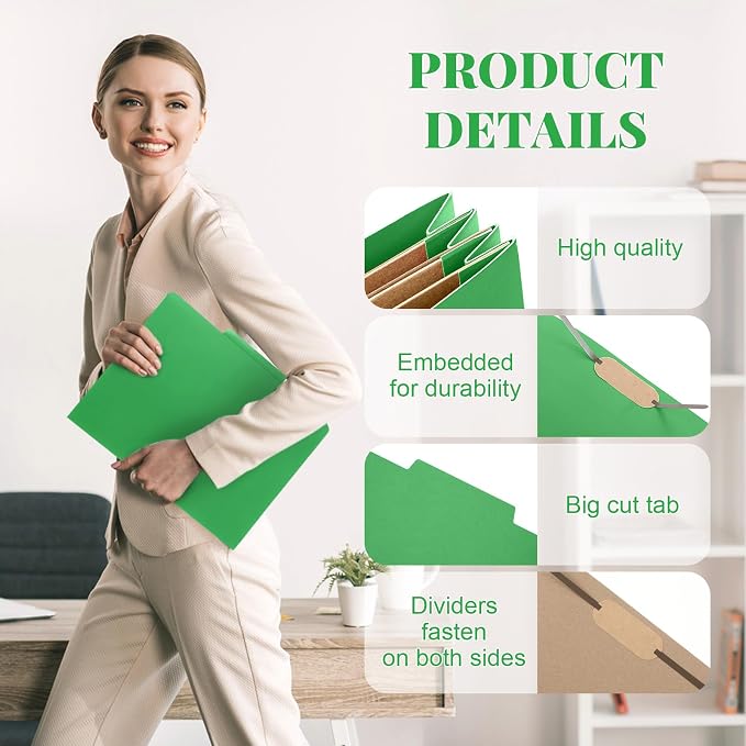 Skyygemm 12 Pcs Classification Folders 3 Pocket Dividers Letter Size Employee File Folder with 2 Prong Fasteners 2 in Expansion Pressboard Medical Document Organizers Bulk for School Office(Green) - Image 6