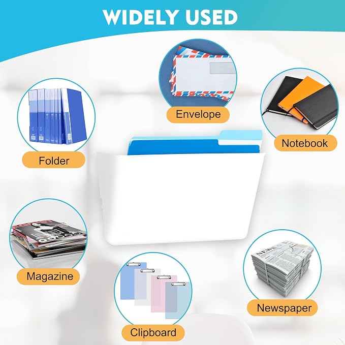 4 Pack White Plastic Single Pocket Hanging File Organizer, Wall Mount Paper Mails Magazines Holder, Mounted Folder Bins for Office, School and Home, 12.99x4.13x7.48 inches - Image 6