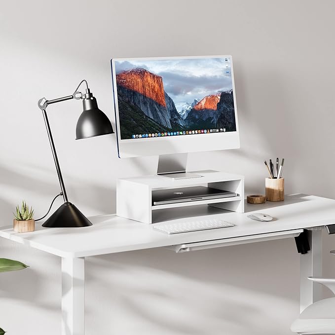 FITUEYES Wooden Monitor Stand Riser, 2-Tier Desk Storage Shelf, White | 16.7-Inch Desktop Organizer Fits Laptop, Computer Screen and Office Supplies - Image 2
