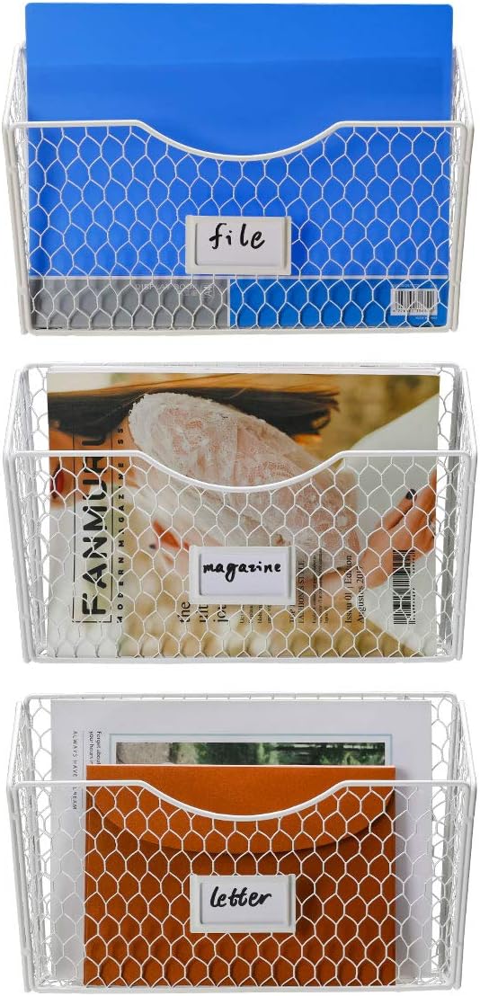 3 Pockets Hanging File Holder Wall Mount Mail Organizer Metal Chicken Wire Magazine Rack with Tag Slot, White by PAG