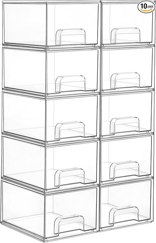 Vtopmart 10 Pack Small Clear Stackable Storage Drawers | Plastic Bathroom Makeup Organizer, For Vanity, Undersink, Kitchen Cabinets, Pantry, Home Organization by Vtopmart