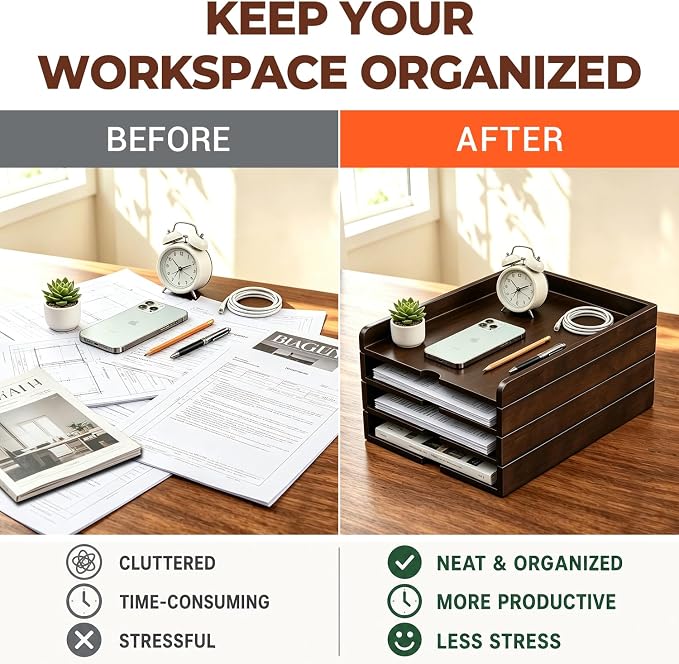 Solid Wood Stackable Letter Tray, 4-Tier Desk File Organizer for A4 Paper | letter tray for files, mail, bills & documents. walnut finish desktop organizer for home office workspace declutter. - Image 6