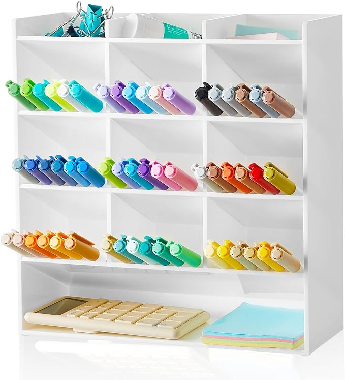 MotiMind Acrylic Pen Organizer Storage for 150 Markers Vertical Marker Organizer Acrylic Pen Display Holder for Office Desk Desktop Stationery Pencil Storage, White, 10.2 x 4 x 9.8 Inch by MotiMind