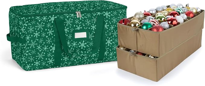 Covermates Keepsakes Adjustable Ornament Storage Bag – Heavy-Duty Polyester, Padded Dividers & FlexGrid Trays – Protective Holiday Ornament Organizer with Handles & Label Window, Green Snowflake by Covermates