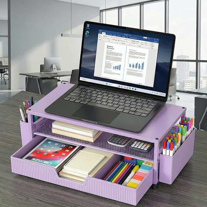 ECOLOVI Desk Organizer and Accessories, 2-Tier Computer Monitor Stand Rise with Storage Drawer & 2 Pen Holders, Laptop & Printer Stand for Desktop, Workspace Organizers for Office Supplies (Purple) - Image 6