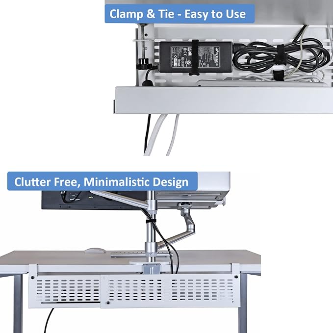 AEONS Under Desk Cable Management Tray Kit - Horizontal Adjustable up tp 41” Desk Organizer Removable C Clamp Mount Reversiable Computer Cord Raceway and Modesty Panel for Large Table, White/Beige - Image 4