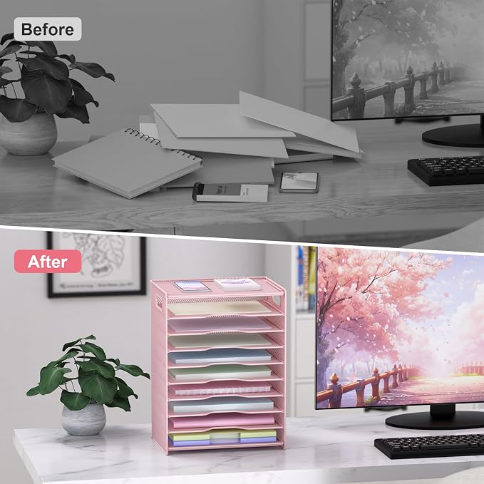OUTWOLF 10 Tier Paper Organizer - Letter Tray Mesh Desk File Organizer with Handles for Office School Desktop, Pink - Image 4