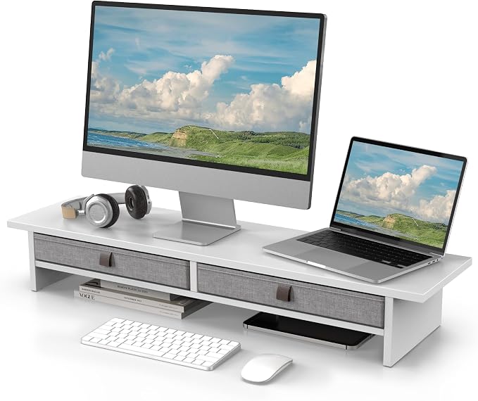 Fenge 35 Inch Monitor Stand with Drawer Storage, Computer Riser for Desk | Wooden Computer Shelf, 2 Tiers, for Dual Monitor/Laptop/PC/TV/Printer up to 55Lbs, Home Office Desk Organizer by Fenge