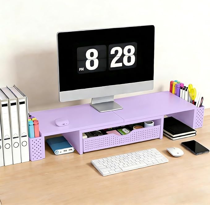 Spacrea Metal Desk Organizers and Accessories, Dual Monitor Stand Riser with Drawer and 2 Pen Holders, Desk Accessories & Workspace Desktop Organizers for Office Supplies (Purple) - Image 2