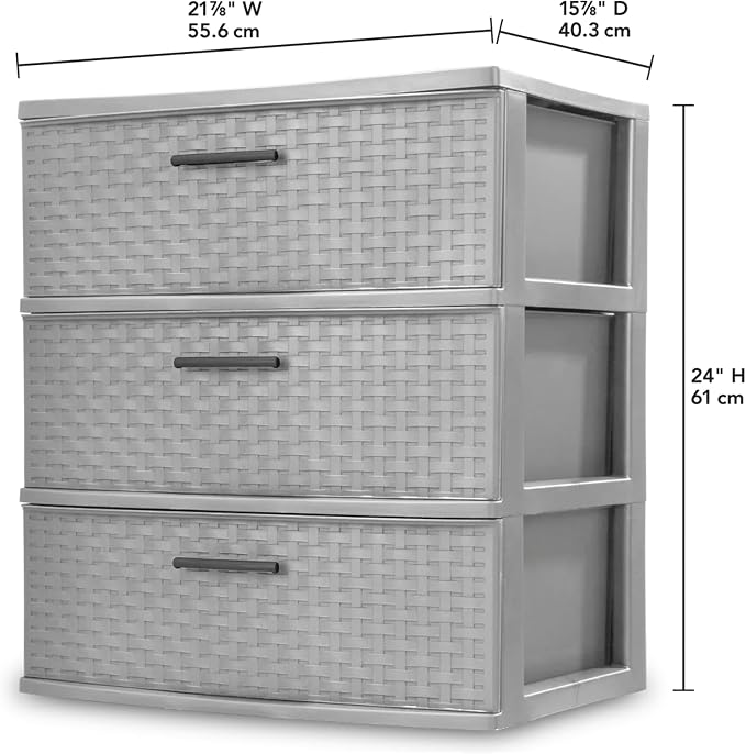 Sterilite 3 Pack 3 Drawer Wide Storage Tower, Weave Organizer, Cement | Lightweight Opaque Home Organization Container for Bedrooms, Closets, or Bathrooms - Image 3
