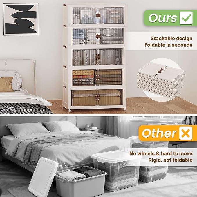SAILUN 635Qt Stackable Storage Bins,Storage Cabinet a Lid,5Pack Blush White | Stackable Storage Drawers with Lids,28" W x 17" D x 75" H,Featuring open-front Access for Clothes and Closet Storage - Image 7
