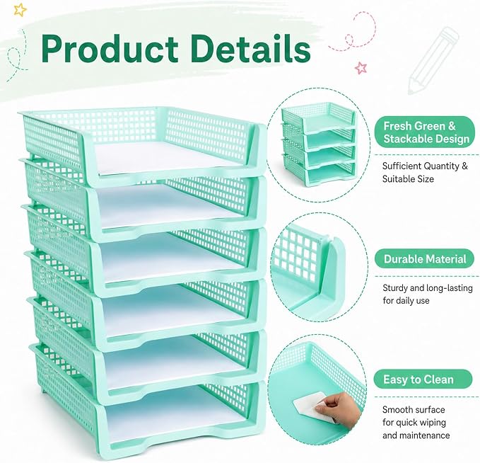 Set of 6 Teal Turn in Trays for Teachers Stackable Classroom Paper Letter Trays Plastic Classroom Desk Letter Organizer Tray Storage Baskets for Library, Drawers, Office, Home - Image 3