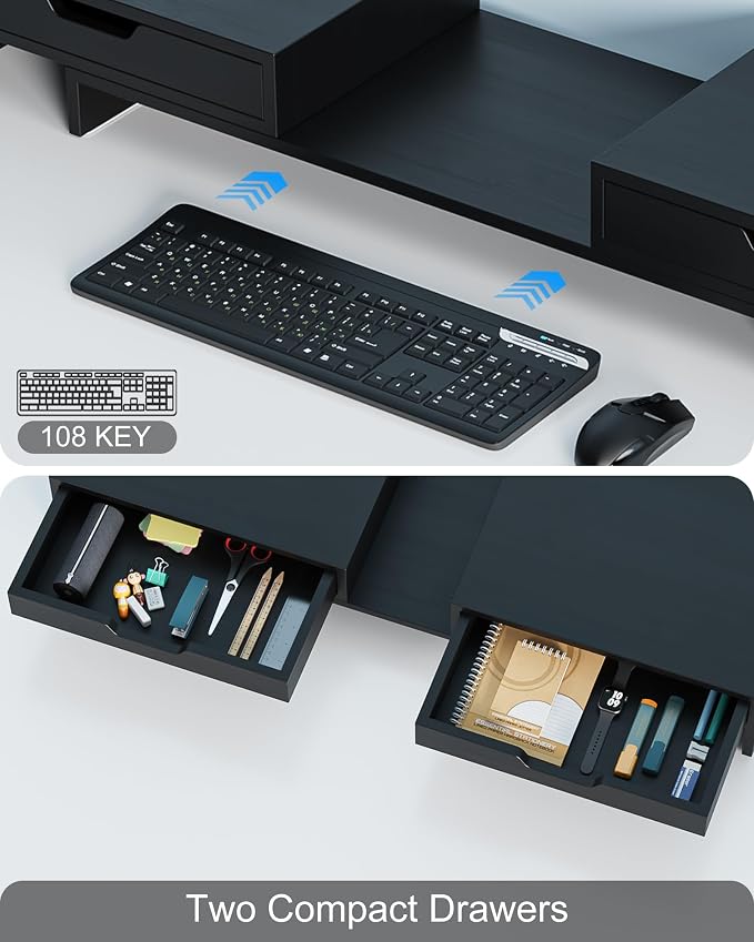Epesoware Dual Monitor Riser with Two Drawer for Desk, No Assembly Required | Premium Bamboo Dual Monitor Stand with Storage, Desk Monitor Shelf for Computer, IMac & Laptop, Desk Organizer, Black - Image 3