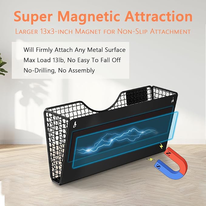 MFTEK Magnetic File Holder, 3 Pockets Magnetic File Folder Holder No Drilling Magnet Paper Mail Organizer Magazine Basket, Hanging Wall Storage Rack for Fridge Cabinets Office Classroom - Image 2