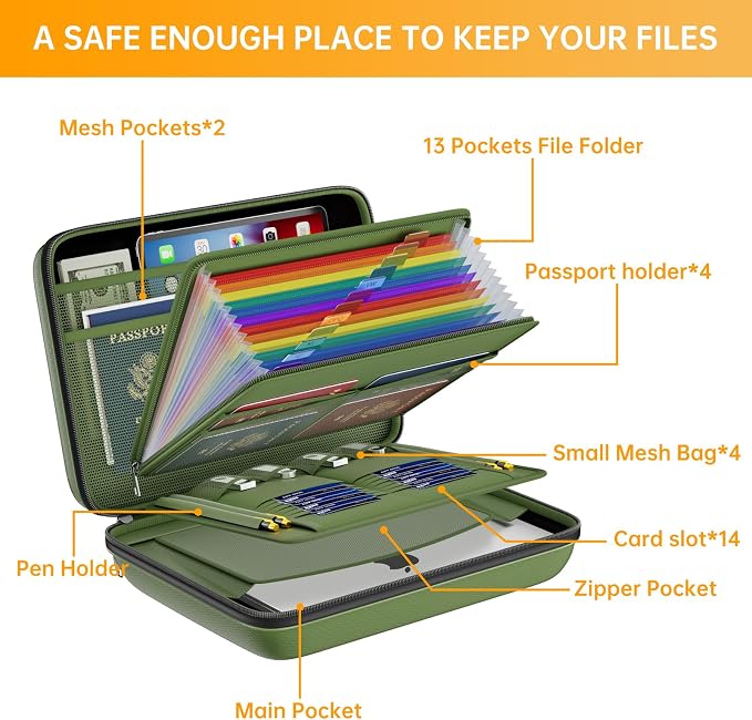 DocSafe Fireproof File Organizer with Lock, Hard-Shell Case Fireproof Document Box with 13 Pocket Accordion File Folder, Portable Home Office Travel Safe Storage for Important Documents Laptop Green - Image 8