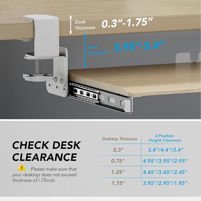 Keyboard Tray Under Desk Pull Out with Extra Sturdy C Clamp Mount System, 27.3 (32.5 inch Including Clamps) x 11 Inch Slide-Out Platform Computer Drawer for Typing Grain - Image 4