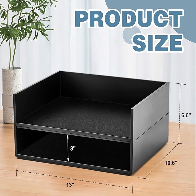 Yeaqee 2 Pcs Wooden Leather Stackable Letter Trays 13 x 10.6inch Luxurious Surface Desk Letter Tray Heavy Paper Inbox Mail Organizer for Office Document Magazine Folder Desktop Accessories(Black) - Image 4