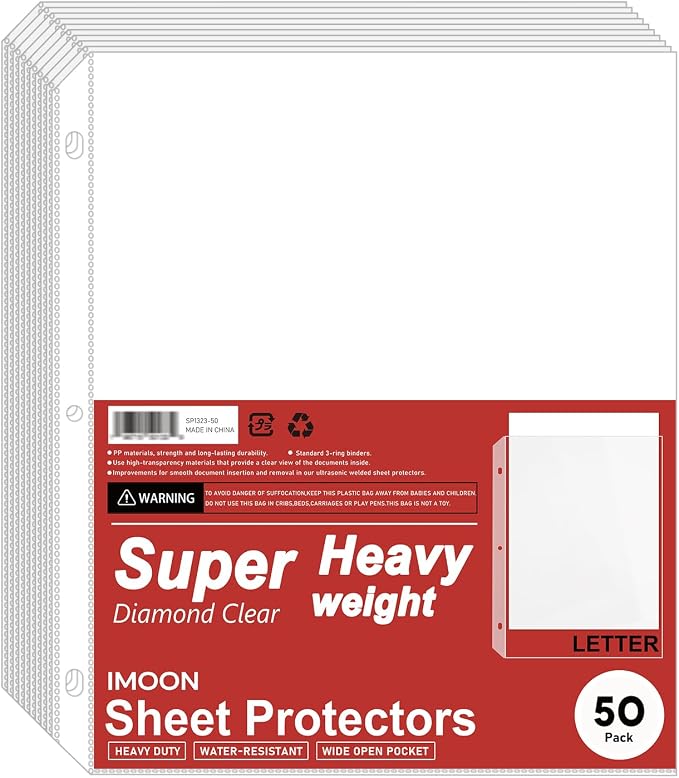 Super Heavyweight 3-Hole Letter Size Sheet Protectors - High Transparency Plastic Heavy Duty Sleeves for 3 Ring Binders, Archival Safe, Durable Page Protectors for Documents, 8.5x11 Inch (50 Pack) by Unknown
