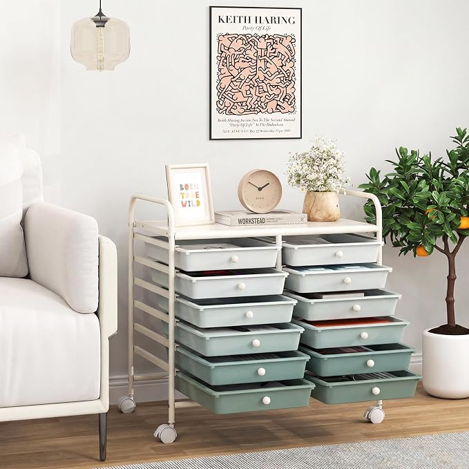Giantex 12 Drawers Rolling Cart, Mobile Storage Drawer Cart, Classroom Organizer Cart for Office School Supplies Tools Scrapbook Paper Craft Small Printer, Utility Cart on Wheels, Green Gradient - Image 4
