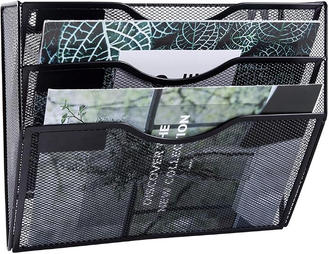 3 Pocket Mesh Hanging Wall File Organizer, Wall Mounted Mail Paper Document Folder Holder, Clipboard Storage Organization Magazine Rack with Nametag Label for Office Home School, Black - Image 4