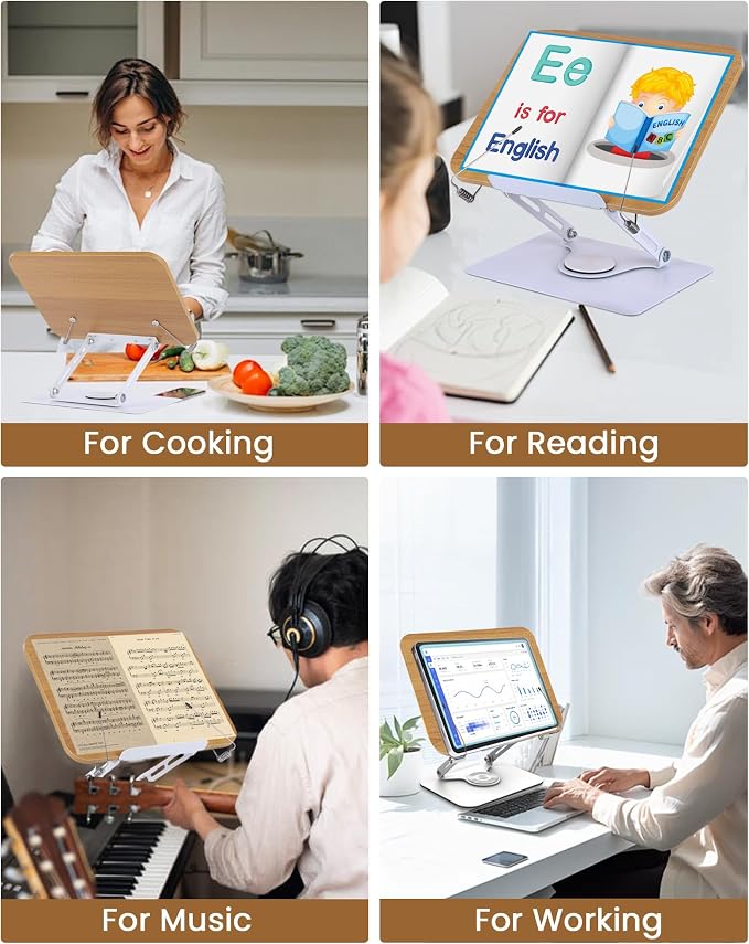 ASIEIT Book Stand for Reading, Adjustable Book Holder with 360° Rotating Base & Elastic Page Clips, Foldable Cookbook Stand, Portable Display Stand for Bible, Recipe, Magazine, Tablet, Laptop, Natural - Image 3