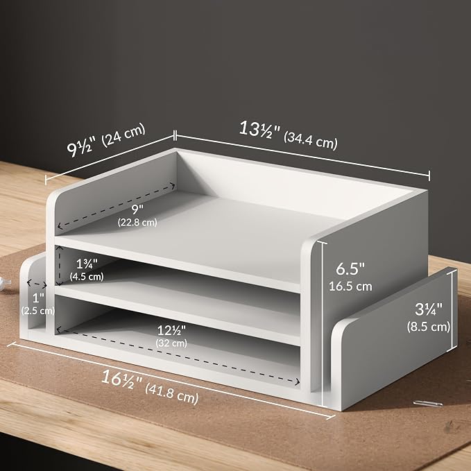 Ballucci 3-Tier Desk Organizer with 2 Side Mail Sorter Slots, Wood Letter Tray, Open Top Paper Organizer, Desktop File Organizer, White - Image 3