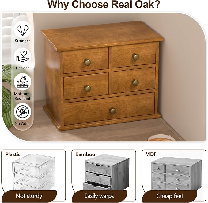 Oak Desk Organizer with Drawers, Durable Wooden Desktop Storage Box | 5 Drawer Tabletop Organizer with Metal Handles & Non-Slip Pads for Office, Bedroom, Bathroom, Vanity & Makeup Storage, Walnut - Image 3
