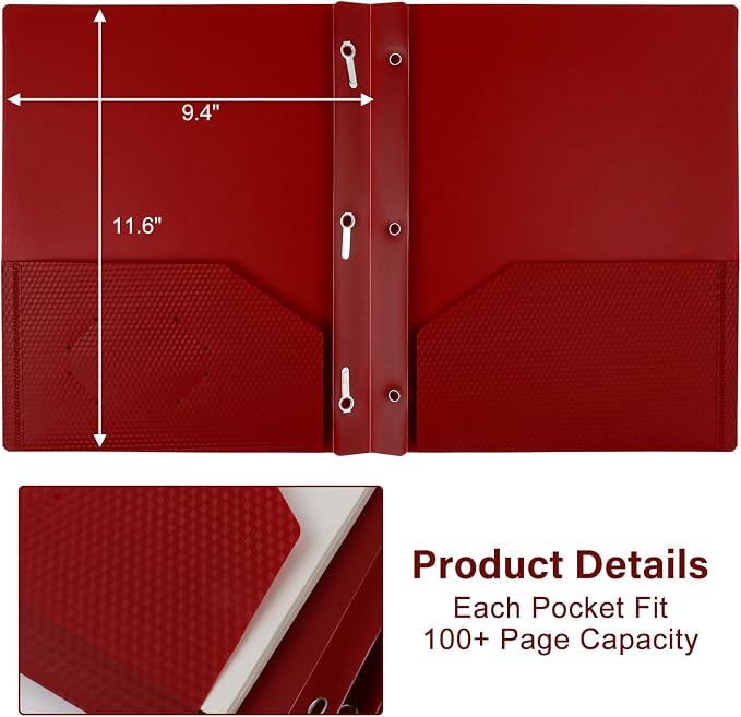 12-Pack Plastic Folders with Pockets and Prongs, 2-Pocket Folders with 3 Fasteners, Holds 8-1/2" x 11" Paper for School/Office/Home - Image 4
