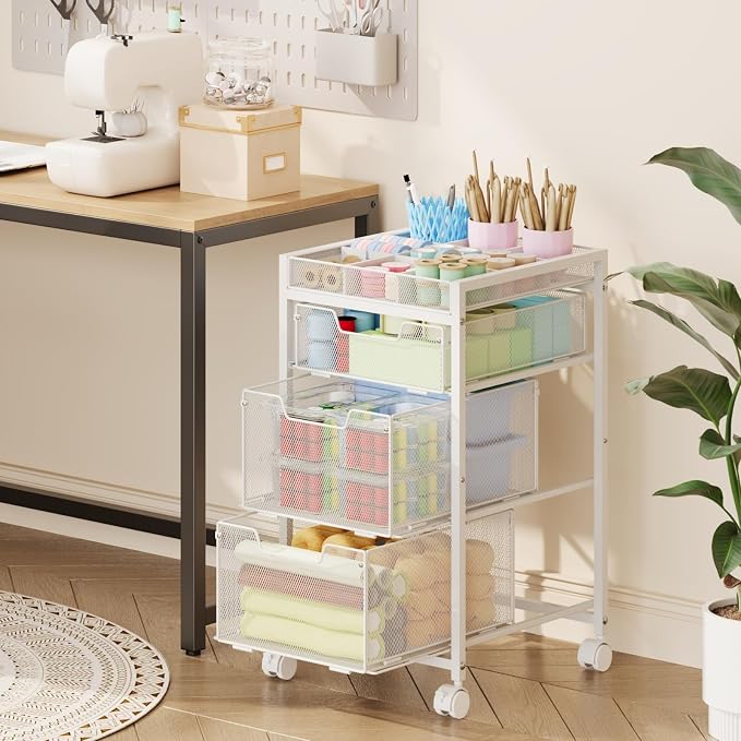 Rolling Utility Cart with 3 Drawers, Craft Organizer and Storage with DIY Divider, Lockable Wheels, Multi-Functional Storage for Art Supplies, Store for Brushes & Paints & Artifacts,White - Image 6