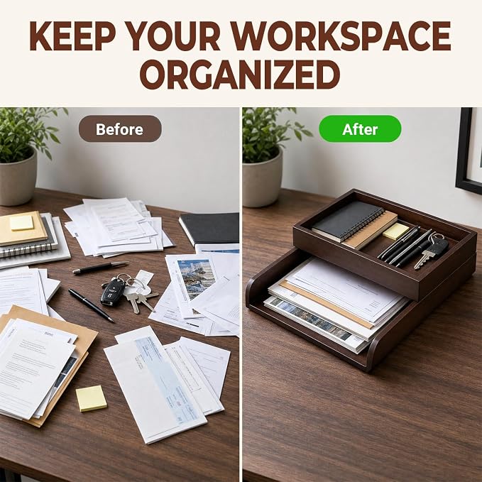 Wood 2-Tier Letter Tray, Stackable Detachable Paper Tray Desk Organizer | Detachable A4 File Holder, No-Assembly Desk Mail Sorter, Walnut Color Wood, Home Office Storage, Letter Paper Tray - Image 5