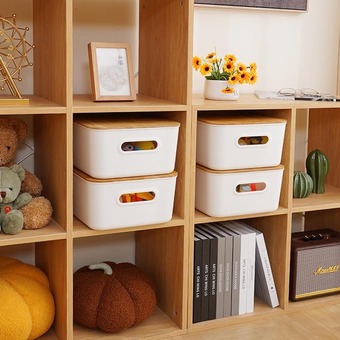 Citylife Storage Bins with Bamboo Lids 16QT Plastic Storage Containers Stackable Organizer Boxes with Handle for Desk Snacks, Toys, 4 PCS, 15" L x 10.6" W x 5.8" H - Image 8
