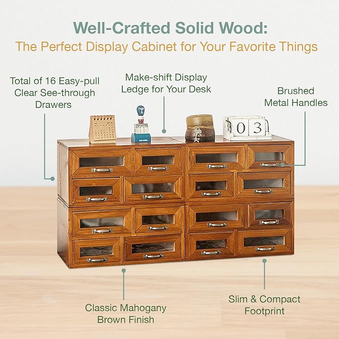 Stackable Modular Tiered Set of 4 Store and Display Wooden Desktop Organizing Cabinets - 16 Drawer Wood Display Chest with 4 See-through Slots - 16-Drawer Storage for Table, Dresser or Countertop - Image 4