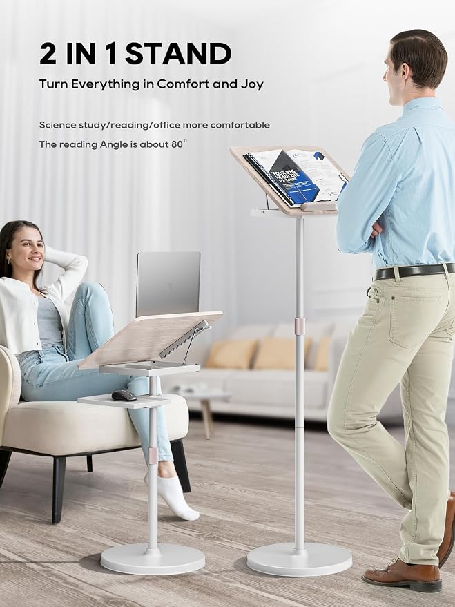 2 in 1 Adjustable Book Stand - Dual-Use Floor and Desktop Book Holder Stand, Height Adjustable 23.5-52 in, Elastic Page Clips for Music Sheet, Recipe, Tablet, Laptop-White - Image 3