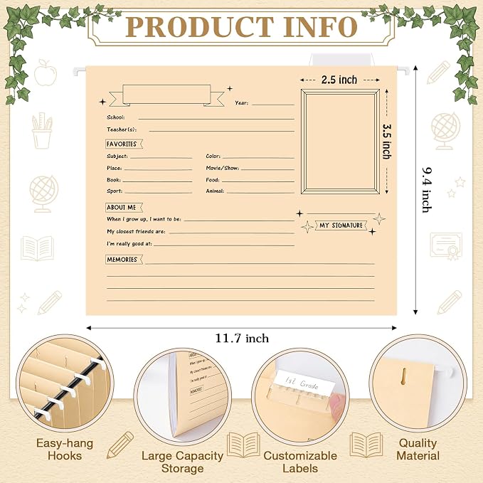 Glenmal 25 Pack School Years Memory File Folders Memory Pages Letter Hanging Files School Keepsake Organizer Questionnaire for Kids K-12 Student Info Record Personal Growth Tracking (Yellow) - Image 3